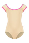 Child cap sleeve leotard with contrasting trim and scoop neckline front view