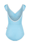 Adult cap sleeve leotard in light blue with pinch front, shown from the back.