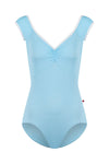 Adult cap sleeve leotard in light blue with pinch front, shown from the front.