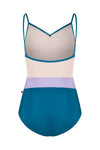 Adult camisole leotard with pinch front and color-block waistband, shown from the back.