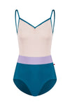 Adult camisole leotard with pinch front and color-block waistband, shown from the front.