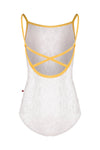 Light neutral child camisole leotard with crossed back straps, shown flat.