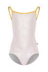 Light neutral child camisole leotard with crossed back straps, shown flat.