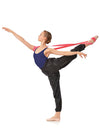 Dancer using a resistance flexibility band to stretch her leg in a standing extension.