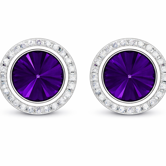 Grape rondel dance earrings with rivoli center shown as a pair on a white background.