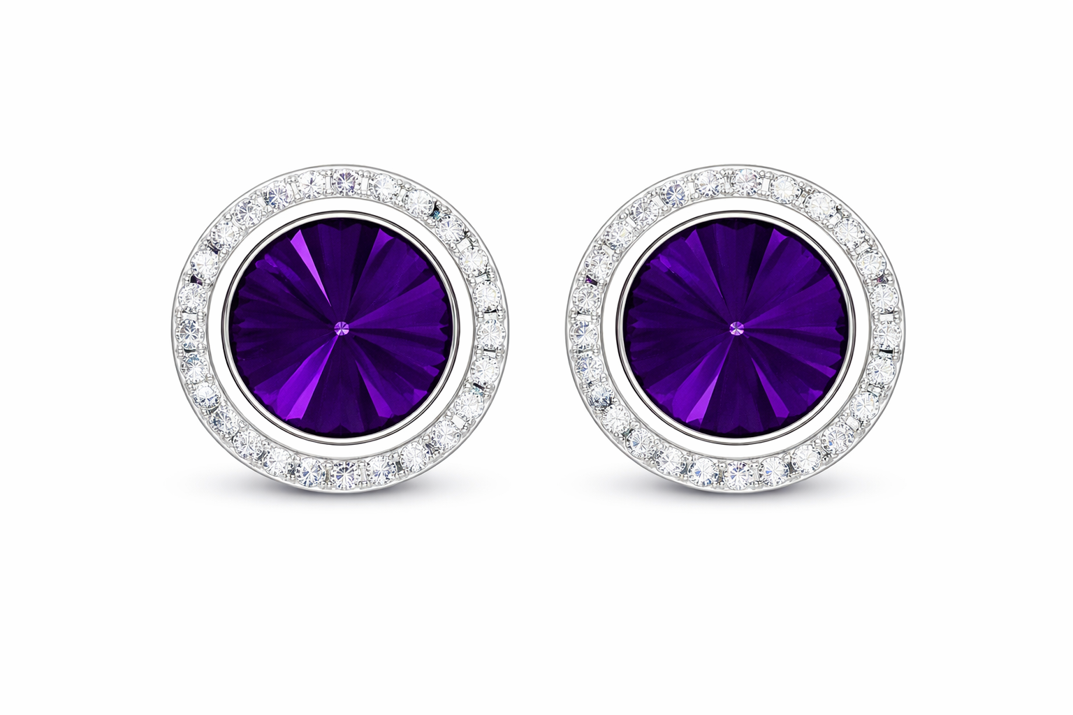 Grape rondel dance earrings with rivoli center shown as a pair on a white background.