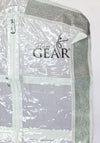 Clear garment bag with silver trim and zippered pockets, hanging vertically.