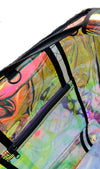 Close-up of iridescent material and black zipper trim on rolling tote