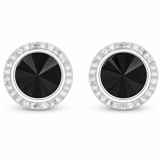 Jet rondel dance earrings with rivoli center shown as a pair on a white background.
