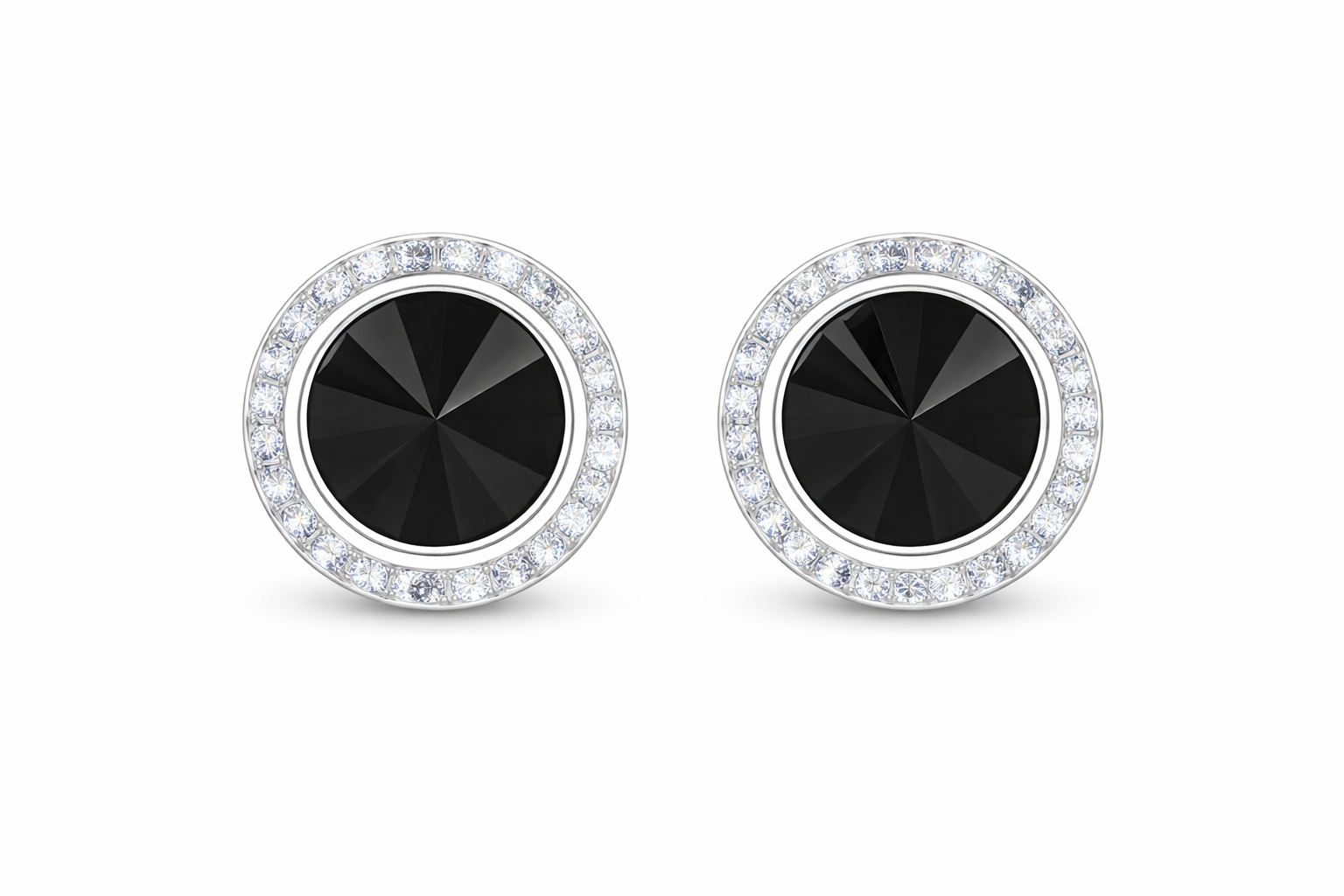 Jet rondel dance earrings with rivoli center shown as a pair on a white background.