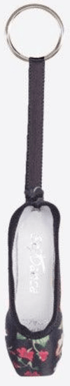 Mini pointe shoe key chain in black with floral print