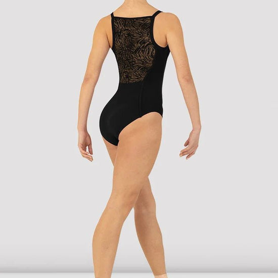 Black scoop neck camisole leotard back view showing mesh back detail