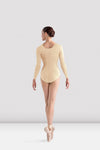 Adult dancer wearing almond long-sleeve leotard, back view