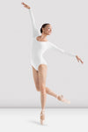 Adult dancer wearing white long-sleeve leotard, front view