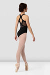 Back view of a black tween leotard with double diamond cutout back and mesh panelling.