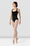 Front view of a black tween wide strap leotard with mesh bodice and ballet leg line.