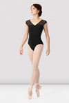 Front view of a black Bloch leotard with mesh V-neck and sweetheart detail
