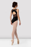 Back view of black leotard with open back and mesh detailing