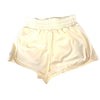 Lemon yellow flowy dance shorts laid flat.