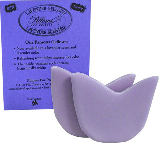 Lavender gel toe pads for pointe shoes with matching mesh bag packaging