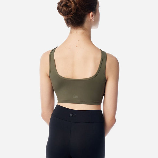 Green sleeveless boatneck crop dance top back view worn by model
