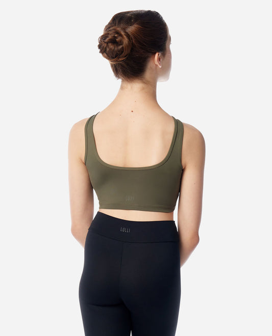 Green sleeveless boatneck crop dance top back view worn by model