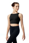 Black sleeveless boatneck crop dance top front view worn by model