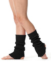 Black 40 cm knit legwarmers worn over bare feet, scrunched at the ankles.