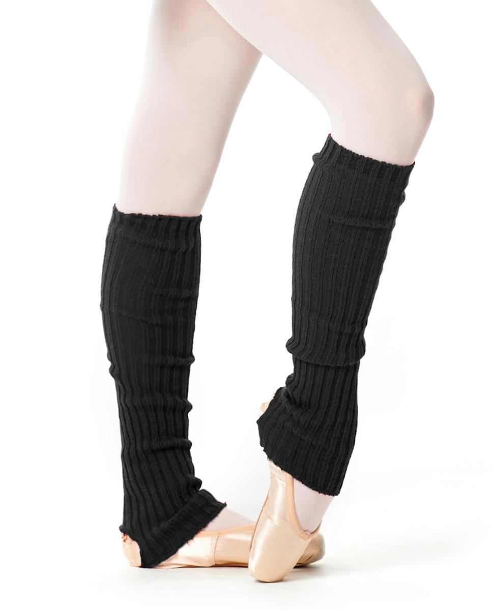 Black 60 cm knit leg warmers worn over tights.
