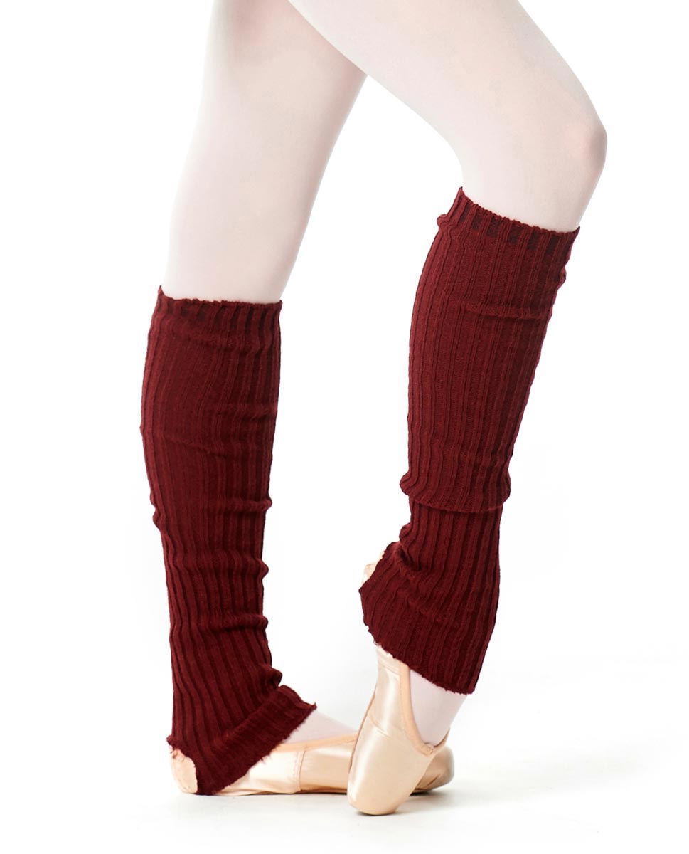 Burgundy knit leg warmers worn over tights and ballet shoes.