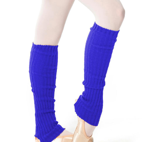 Electric blue knit leg warmers worn scrunched over ankles.