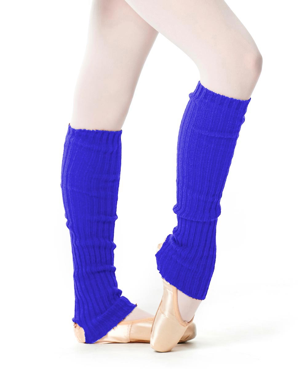 Electric blue knit leg warmers worn scrunched over ankles.
