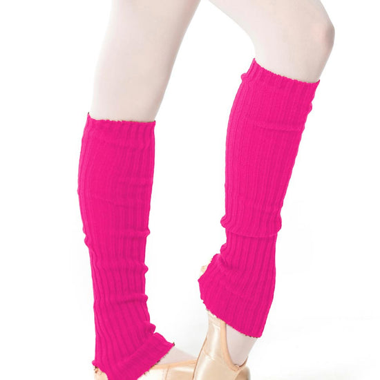 Fluorescent cerise pink leg warmers worn over tights.