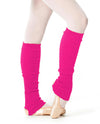 Fluorescent cerise pink leg warmers worn over tights.