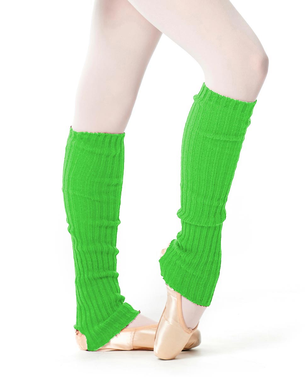 Bright green long knit leg warmers over tights.