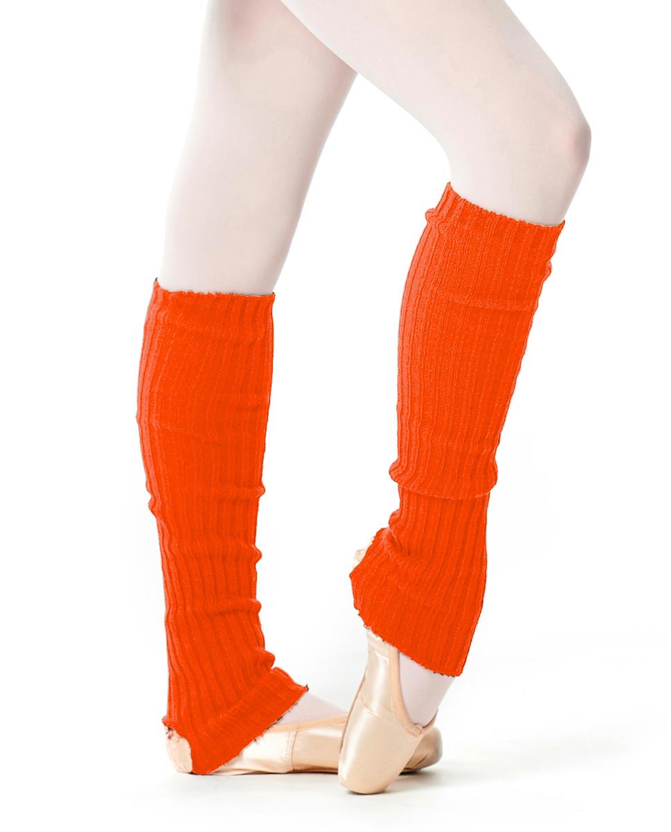 Fluorescent orange long knit leg warmers over tights.