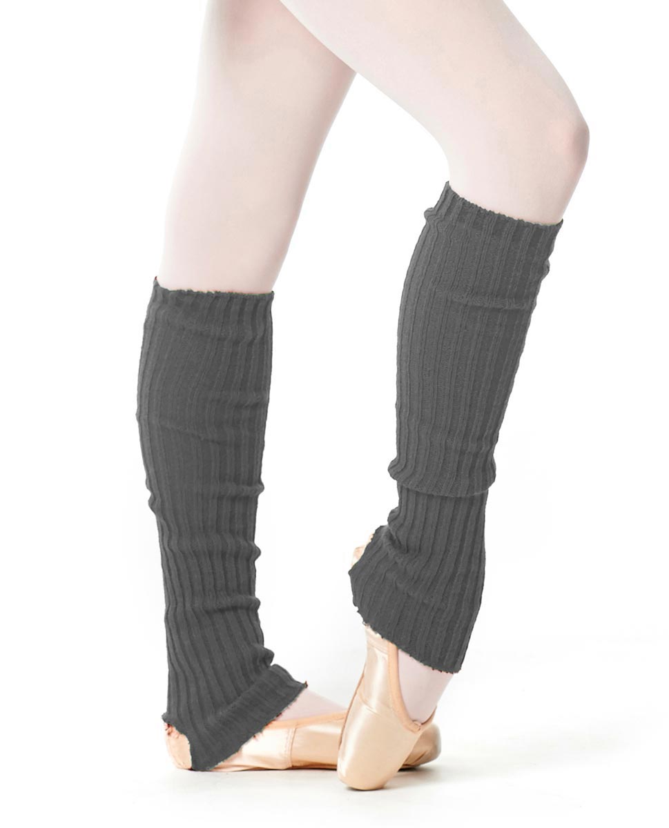 Gray 60 cm knit leg warmers worn over tights and ballet slippers.