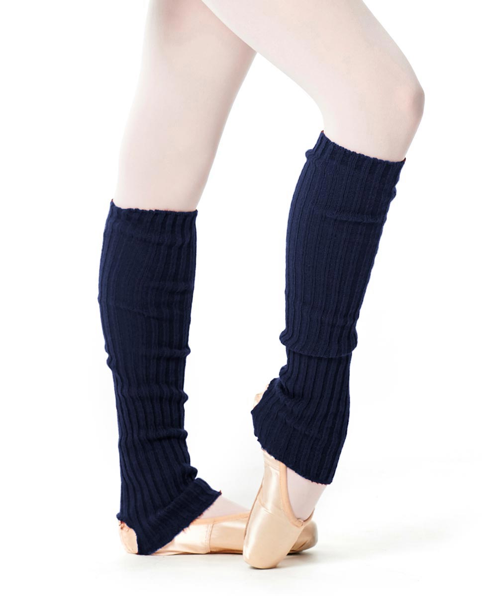 Navy knit leg warmers worn over tights and ballet shoes.