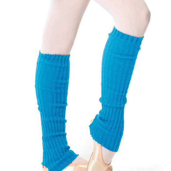 Turquoise 60 cm knit leg warmers worn over tights and ballet slippers.