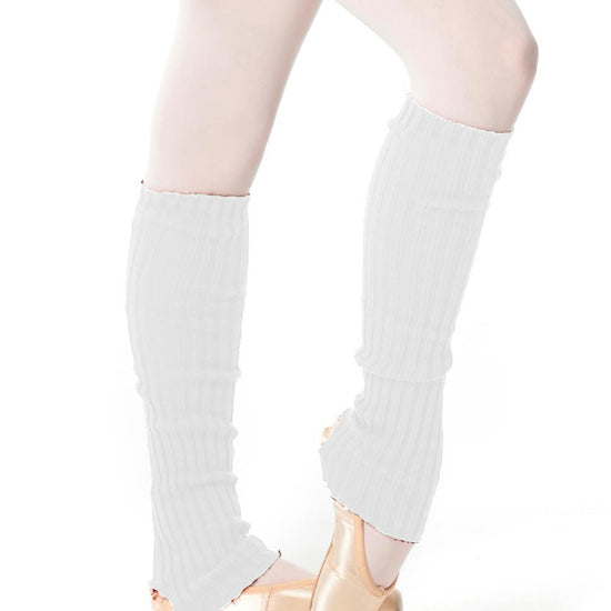 White 60 cm knit leg warmers worn over tights and ballet slippers.
