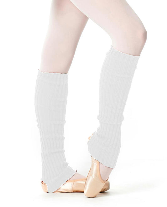 White 60 cm knit leg warmers worn over tights and ballet slippers.