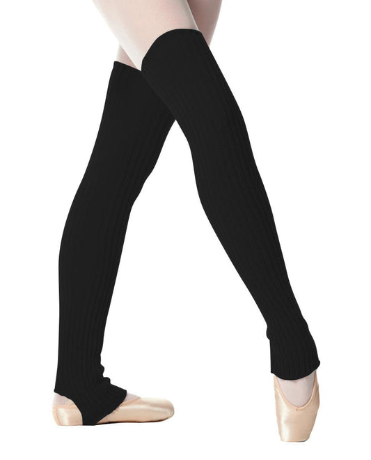 Black stirrup knit dance leg warmers worn over ballet tights