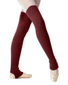 Burgundy stirrup knit dance leg warmers worn over ballet tights