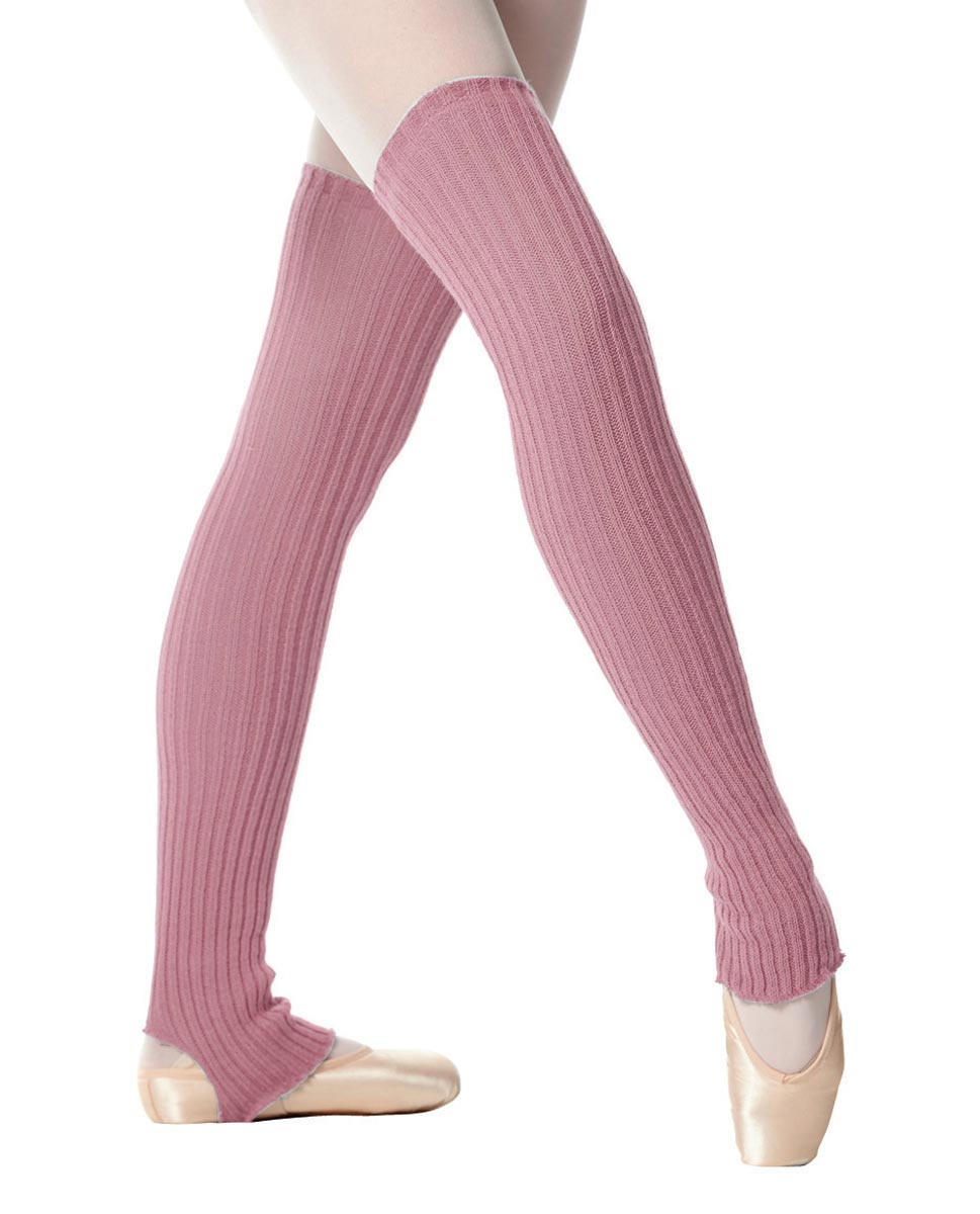 Dusty rose stirrup knit dance leg warmers worn over ballet tights