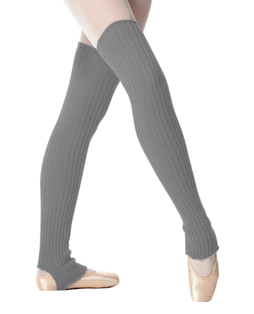 Grey stirrup knit dance leg warmers worn over ballet tights