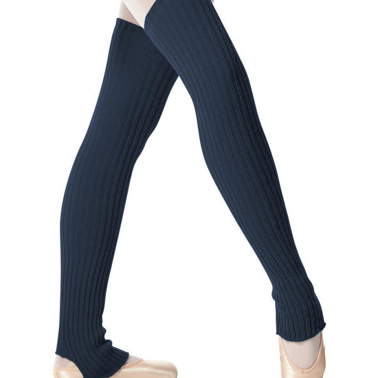 Navy stirrup knit dance leg warmers worn over ballet tights