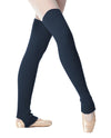 Navy stirrup knit dance leg warmers worn over ballet tights