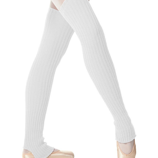 White stirrup knit dance leg warmers worn over ballet tights