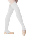 White stirrup knit dance leg warmers worn over ballet tights