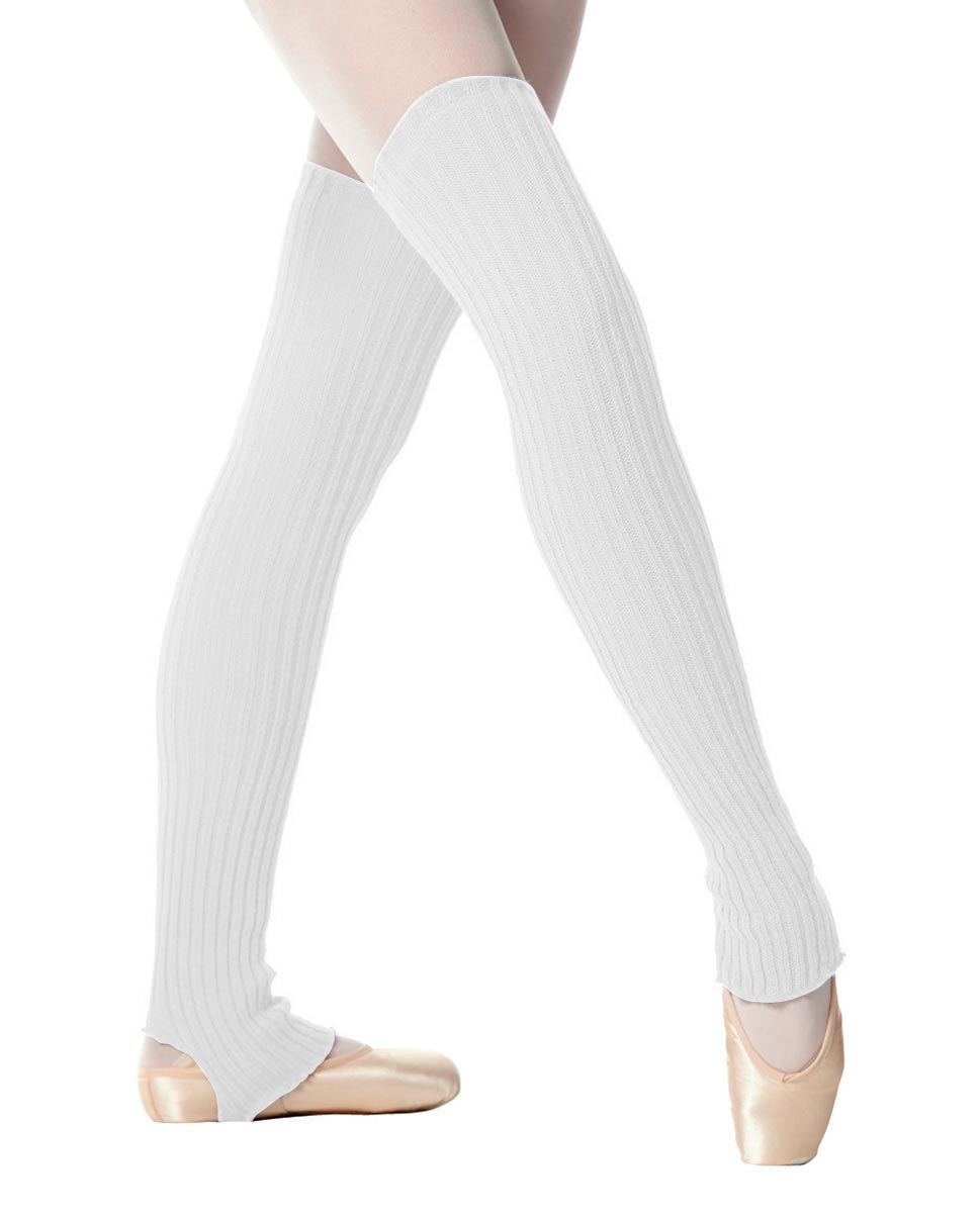 White stirrup knit dance leg warmers worn over ballet tights